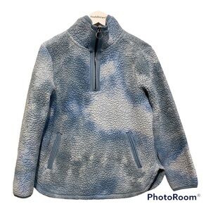 HALCYON Tye dye blue Sherpa pullover sweater with kangaroo pockets & 1/4 zip M